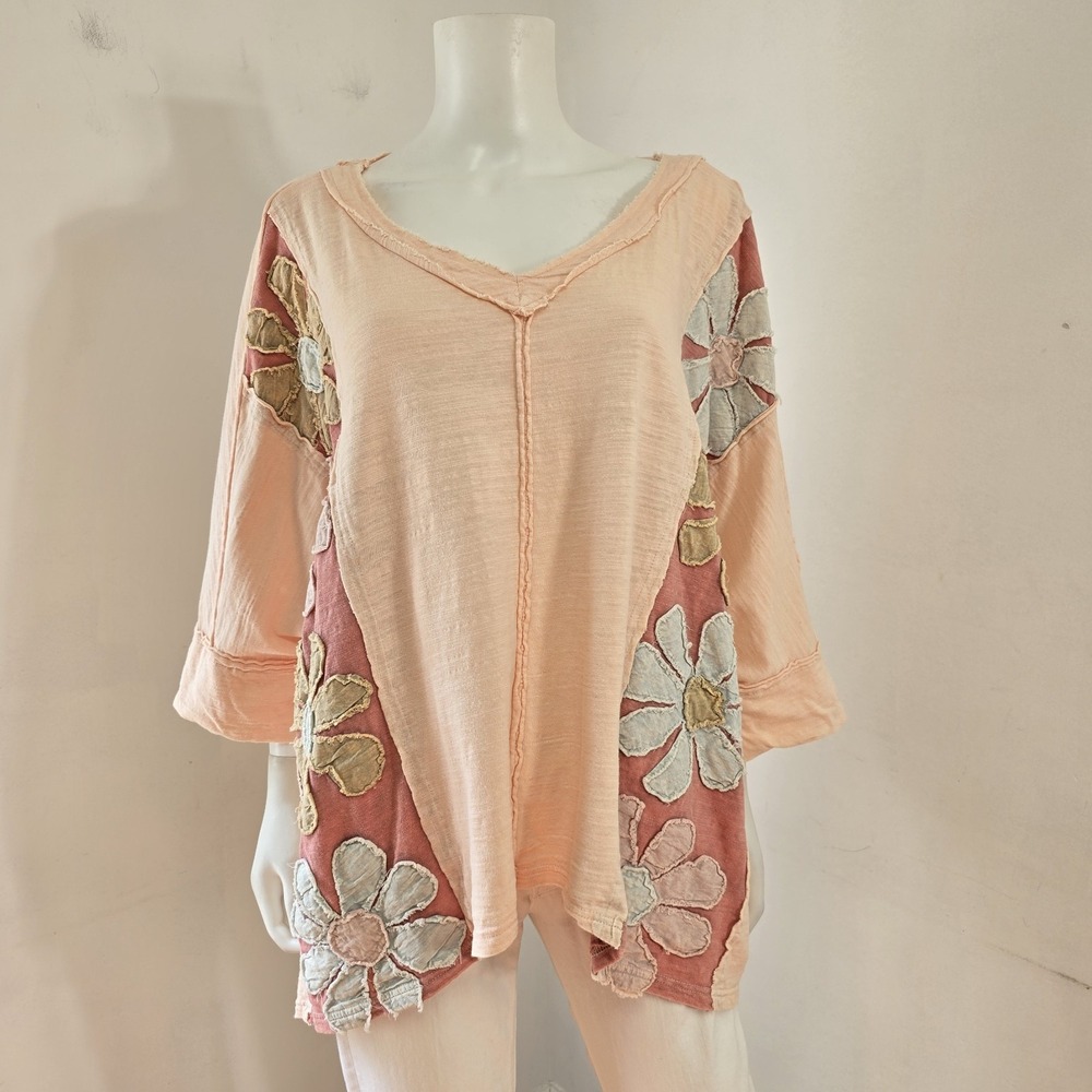 Oli & Hali Washed Daisy Floral Patch Oversized Top Size L Patchwork Boho Boxy